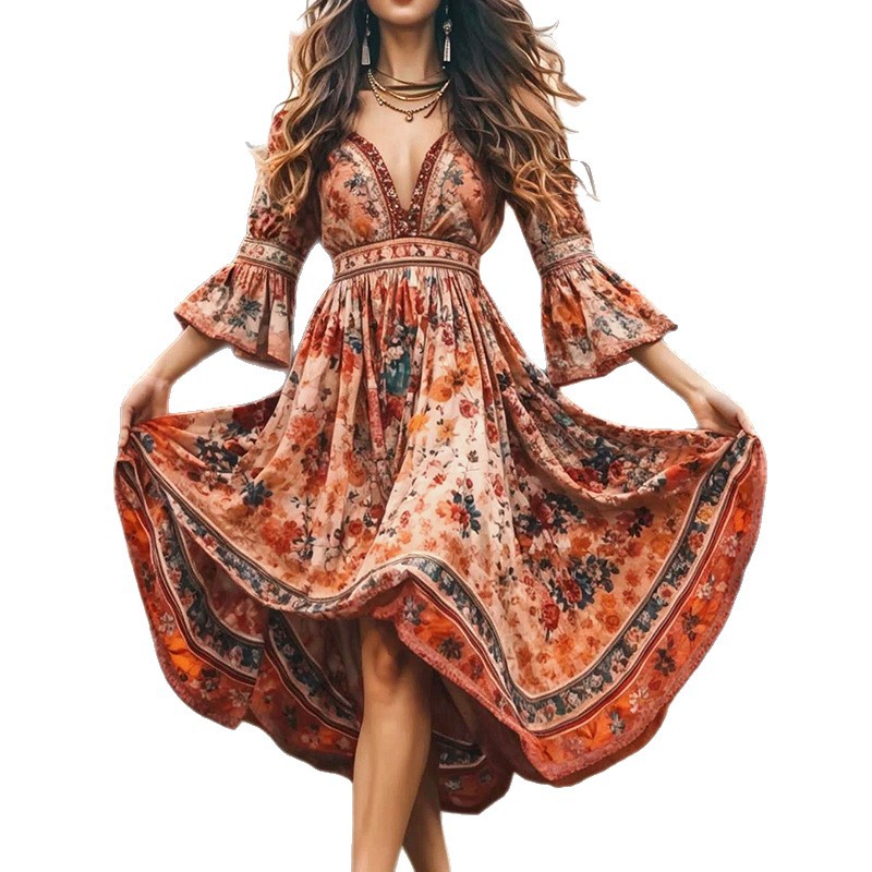 Bohemian Floral Maxi Dress V-Neck Empire Waist Dress Floor Length Party Dress